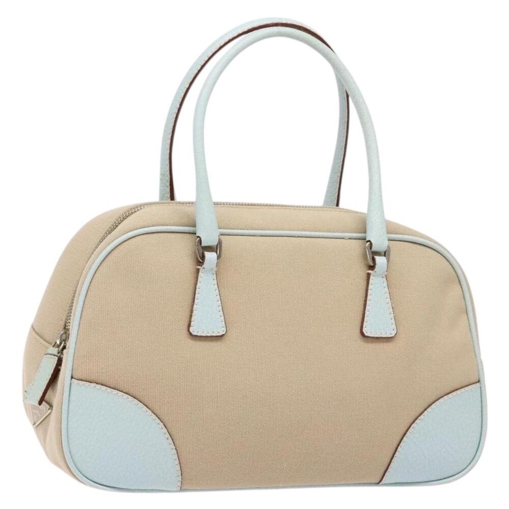 PRADA Hand Bag Canvas Beige Silver